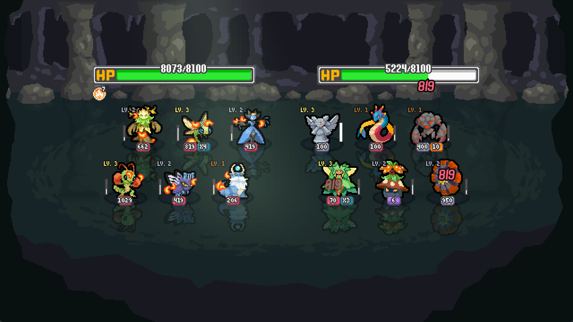 A battle in a cave arena with shields, burns and stuns in play