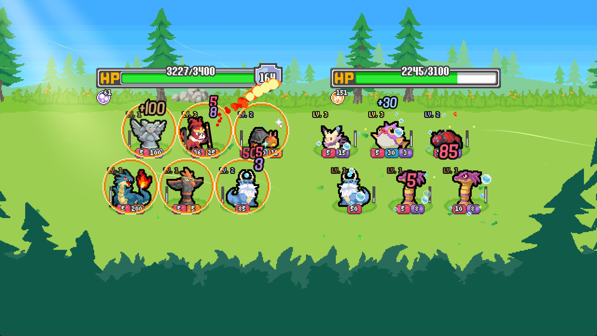 A battle in a grassy field, damage numbers flying between two monster teams