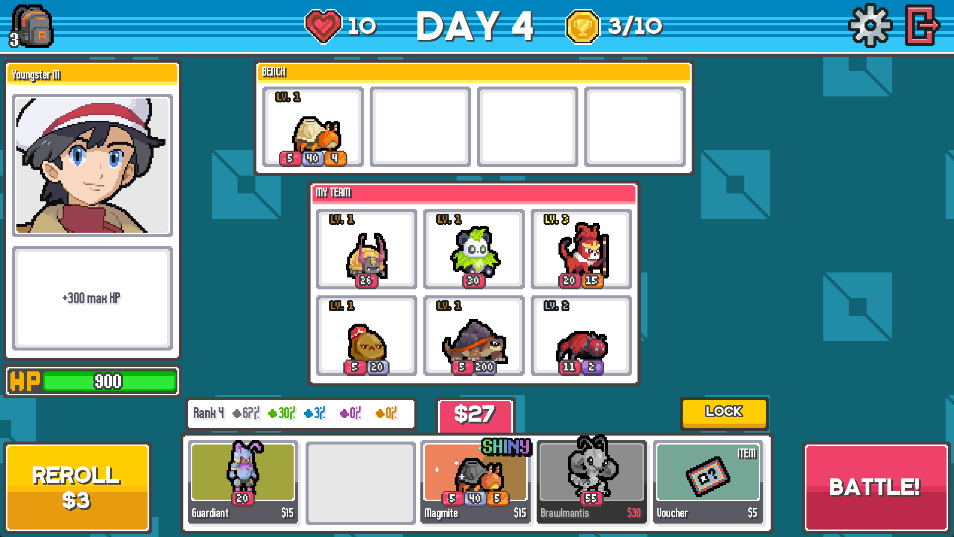 The shop phase: a team of six monsters, a bench, and five shop slots with prices